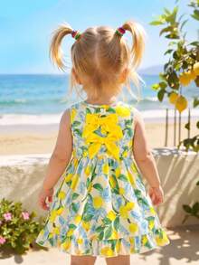 SHEIN Baby Girl Summer Island Vacation Fresh Resort Style Lemon Print Sleeveless Dress, High Waist A-Line Sleeveless Skirt, Natural Waist Pleats, Flared Hem - Yellow - View 3