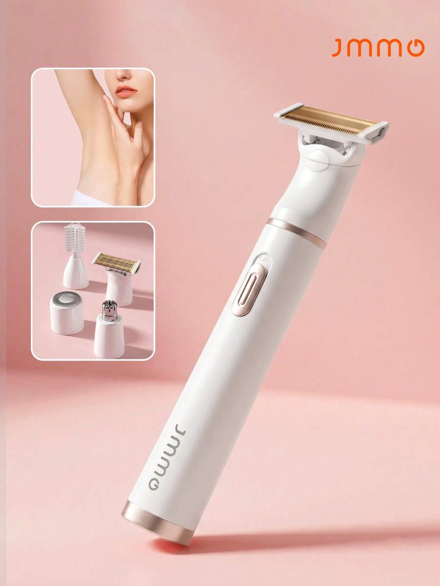 JMMO 4 In 1 Women Electric Body Hair Trimmer Kit, USB Rechargeable Waterproof Bikini Shaver, Multi Heads Facial Nose Eyebrow Leg Underarm Hair Removal Razor For Summer Home Travel Grooming - White - View 1