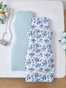 2pcs Girls Butterfly Pattern Dual-Tone Ribbed Bodycon Sleeveless Casual Street Style Dress Summer - Blue - View 2