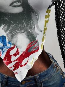 Mistrie Women's Sexy Y2k Character Graphic Print Streetwear Asymmetrical Hem Mesh Patchwork Top Music White With Black Polka Dots Summer Concert Night Out - White - View 6