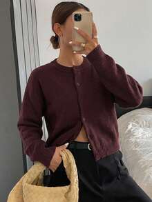 DAZY Solid Color Minimalist Red Wool Knit Cardigan For Women - Burgundy - View 8