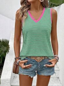 EMERY ROSE Camiseta sin mangas de mujer primavera/verano nueva y de gran con estampado a rayas, ribete de contraste, cuello en V, casual y versátil, talla grande - Multicolor - Ver 5