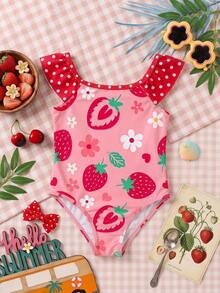SHEIN 女童花卉草莓印花抓皺連身泳衣，適合海灘度假、泳池派對、海灘派對 - 紅白色 - 查看 8