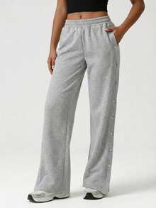 SHEIN Cottnline Button Side Slit Hem Wide Leg Pants - Grey - View 3
