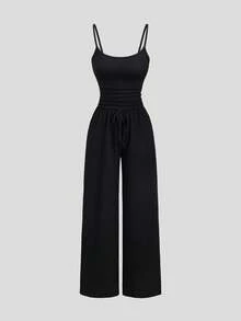 Sweetra Frühling Sommer Mode Design Camisole Tank Top Lässig Basic Minimalistisch Sportlich Strick Bequem Jumpsuit Urlaub Schwarz - Schwarz - Übersicht 1