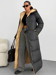 EURMUSE Women Solid Color Pocket Detailed Long Winter Coats Travel Everyday Black Minimalist Casual - Black - View 5
