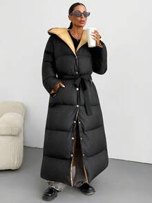 EURMUSE Women Solid Color Pocket Detailed Long Winter Coats Travel Everyday Black Minimalist Casual - Black - View 7
