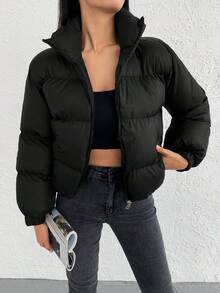 RueChic Slant Pockets Zip Up Puffer Coat - Black - View 2