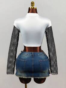Mistrie Women's Sexy Y2k Character Graphic Print Streetwear Asymmetrical Hem Mesh Patchwork Top Music White With Black Polka Dots Summer Concert Night Out - White - View 2