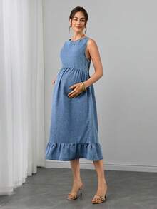Momance Vestido de maternidad plisado casual diario de mezclilla - Azul lavado medio - Ver 5