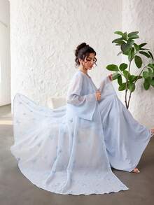 Yasmyna Elegant Organza Butterfly Embroidered Long Sleeve Vest Dress Abaya For Women - Blue - View 8