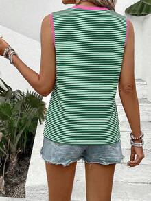 EMERY ROSE Camiseta sin mangas de mujer primavera/verano nueva y de gran con estampado a rayas, ribete de contraste, cuello en V, casual y versátil, talla grande - Multicolor - Ver 2