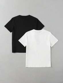SHEIN 青少年男孩皇冠印花休閒圓領短袖T恤 2件組 - 黑與白 - 查看 2