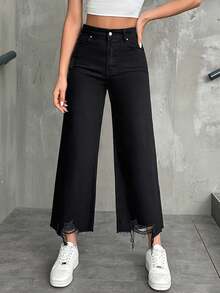 RueChic High Waist Raw Hem Wide Leg Jeans - Black - View 2