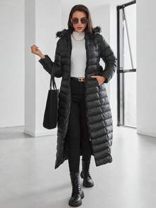 RueChic Women's Zipper Waist Belt Detachable Hooded Long Padded Jacket - Black - View 2
