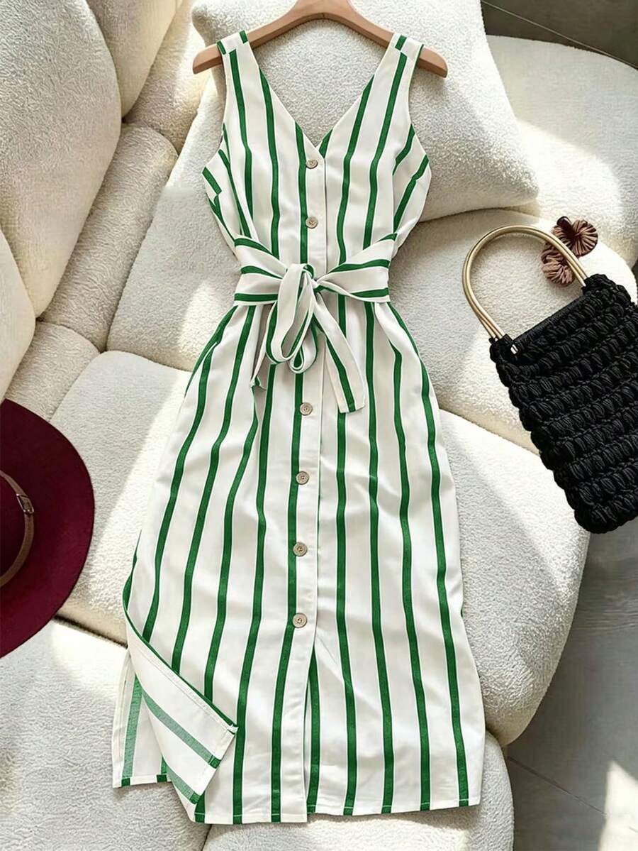 INAWLY Women's Summer Casual Striped Front Button Sleeveless Dress - Multicolor - View 1