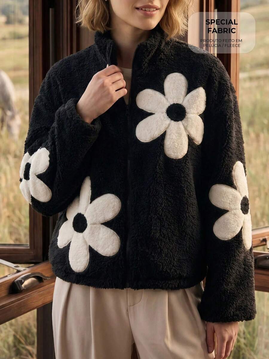 CAJUNI 女款花卉印花人造毛領拉鍊立領休閒可愛百搭長袖外套,適合日常旅行、上學、外出,黑色花卉冬季款 - 黑色 - 查看 1