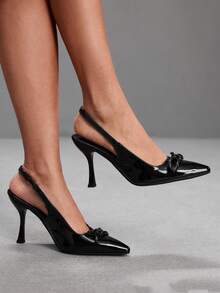 CUCCOO SZL Elegant Women's Black Patent Leather Pointed Toe Slingback Pumps With Chain Detail Kitten Heels - Black - View 5