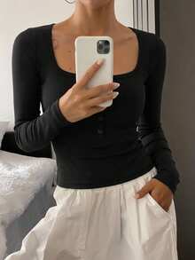 DAZY Women's Solid Color Button Design Long Sleeve Ribbed Slim Fit Casual T-Shirt Cute Tops - Black - View 7