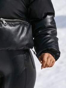RueChic Stand Neck Double Metal Zipper Drawstring Hem Faux Leather Puffer Down Jacket - Black - View 6