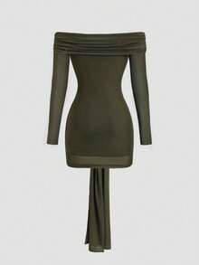 Sweetra Spring/Summer Women's Elegant Green Mesh Off-Shoulder Long Sleeve Fitted Short Dress With Premium Metal Button Decor, Army Green - Army Green - View 2