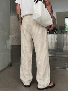 STEELVANCE Summer Linen Casual Vacation Striped Drawstring Men's Long Pants - Khaki - View 2