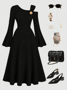 Auvina Vestido de fiesta elegante de talla grande para mujer, de unicolor, de punto acanalado, con hombro asimétrico, manga acampanada con volantes y silueta ajustada hasta el tobillo - Negro - Ver 4