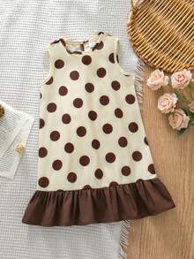 Emery Rose Kids Emery Rose Kids 可愛復古風女童波點背心洋裝，奶油色與咖啡色大波點無袖魚尾下擺外層背心裙，適合春夏穿著 - 彩色 - 查看 4