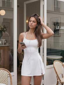 Eassivo Eassivo Women's Solid Color Minimalist Versatile Slit Sports Dress With Shorts Set - White - View 5