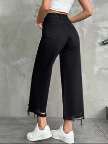 RueChic High Waist Raw Hem Wide Leg Jeans - Black - View 4