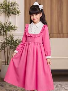 SHEIN 少女女孩鈕扣半開襟荷葉邊下擺法式甜美洋裝 - 粉色 - 查看 5