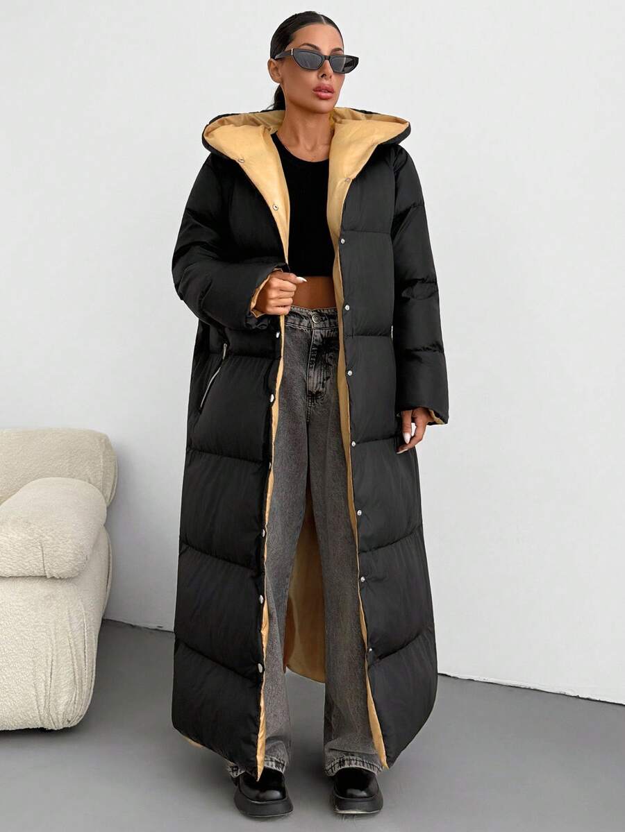 EURMUSE Women Solid Color Pocket Detailed Long Winter Coats Travel Everyday Black Minimalist Casual