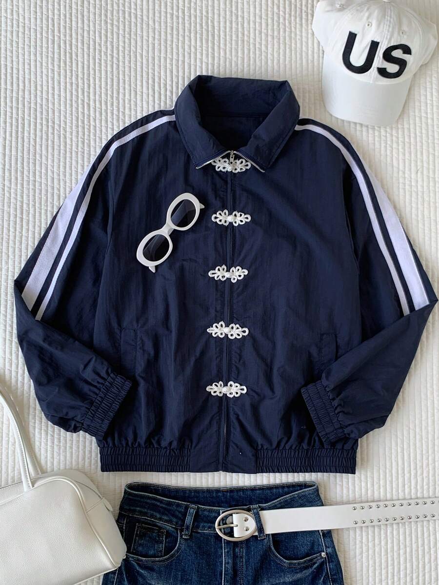 Comfortcana Women's Fashionable Thin Long Sleeve Striped Colorblock Cardigan With Frog Buttons Y2K Tops - Navy Blue - View 1