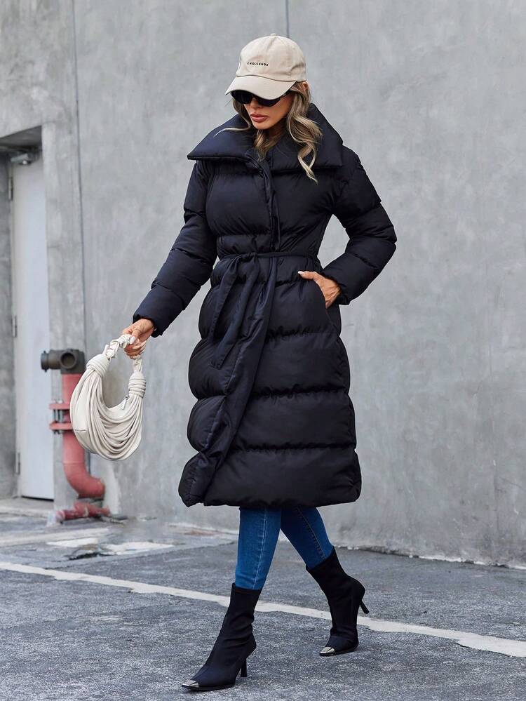RueChic Solid Belted Padded Coat - Black - View 6