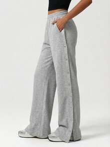 SHEIN Cottnline Button Side Slit Hem Wide Leg Pants - Grey - View 5