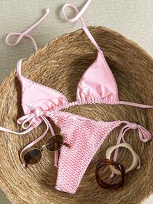 Swim Mod Women's Spring/Summer Textured Fabric Halter Neck Beaded Bikini Set - Pink - View 3