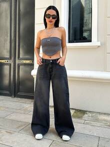 RueChic LOW WAIST WIDELEG RAW EDGE DETAIL AND CUTLINE ON SIDE SEAM - Black - View 6