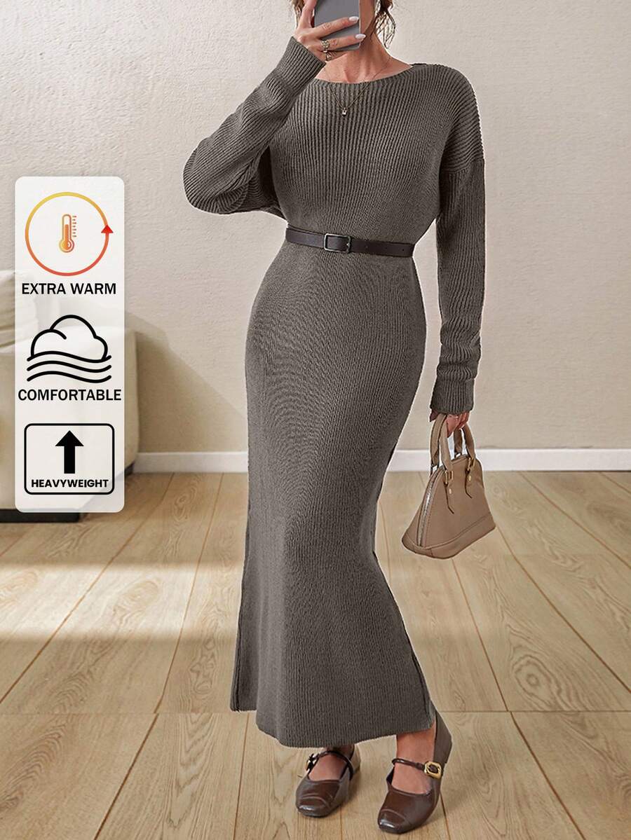 EURMUSE Boat Neck Ribbed Knit Midi Dress – Earthy Brown | Oversized Fit With Textured Stitch - Mocha Brown - View 1