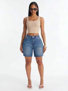 Women Mid Wash Denim Shorts Designed For Easy Everyday Styling And Effortless Casual Summer Looks. - Medium Wash - View 4