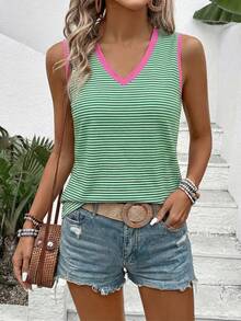 EMERY ROSE Camiseta sin mangas de mujer primavera/verano nueva y de gran con estampado a rayas, ribete de contraste, cuello en V, casual y versátil, talla grande - Multicolor - Ver 3