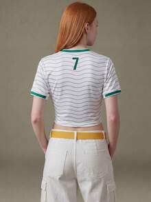 Elnivra 2026 Fußball-Weltmeisterschaft Portugal Fußballtrikot Stil Damen Crop Top Grün und Weiß gestreiftes Muster T-Shirt Sommer Streetwear Lässig Schule - Weiss - Übersicht 2