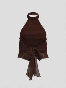 Sweetra Women's Summer New Fashion Versatile Multi-Layer Ruffle Hem Back Cutout Tie Chiffon Blouse Round Neck Sleeveless Short Shirt - Coffee Brown - View 2