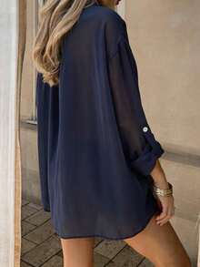 Vaclyn Women's Solid Color Semi-Transparent Fashion Versatile Long Sleeve Blouse - Navy Blue - View 2