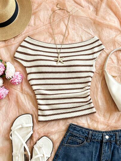 SHEIN Tween Girl Striped Asymmetrical Shoulder Casual Versatile Top