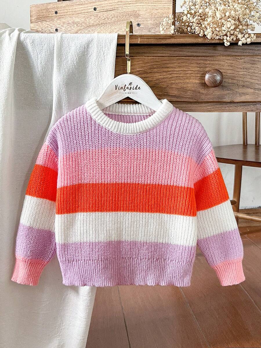SHEIN Vintaside Kids 女童彩色條紋漸層長袖圓領針織衫，適合搭配裙子，適合秋冬春夏穿著 - 彩色 - 查看 1