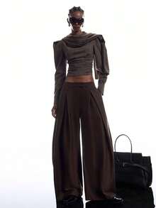 LYSMO 2026 New Arrive Minimalism Women's Solid Color Zipper Fly Pleated Casual Wide Leg Suit Pants Work Outfits For Women - Coffee Brown - View 3