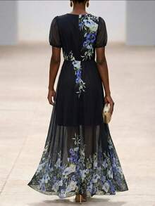 Velvienne Summer Gentle Style Floral Chiffon Deep V-Neck Design Plus Size Dress - Black - View 2