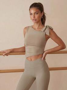 Eassivo Eassivo Women's Solid Color Tie-Up Asymmetrical Neckline Cropped Pleated Sports Tank Top - Khaki - View 5