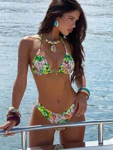 Swim Vcay Spring/Summer Women's Random Print Halter Neck Metal Decor High Cut Bikini Set - Multicolor - View 1
