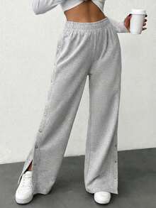 SHEIN Cottnline Button Side Slit Hem Wide Leg Pants - Grey - View 6